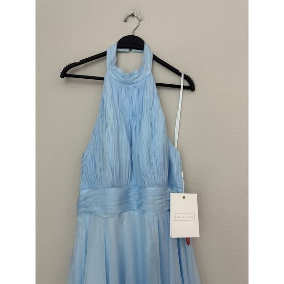 Mac Duggal Light Blue Sleeveless Halter Neck Ruche Skirt Ruffle Dress Size 12 - Picture 2 of 9